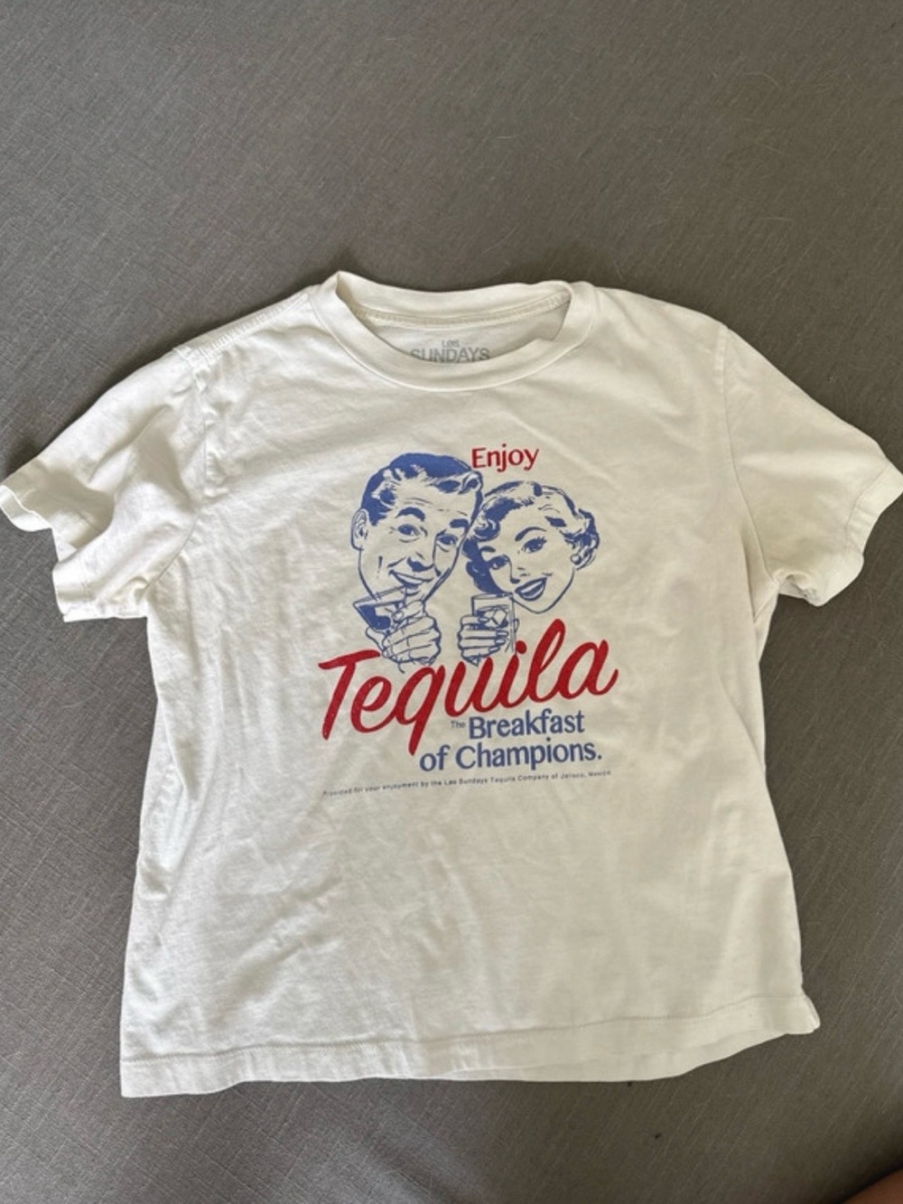 sundays White Short‑Sleeve Tee with Red and Blue Retro Tequila Graphic